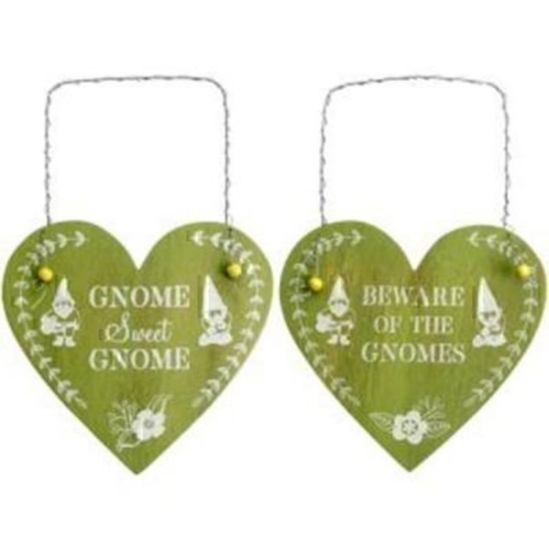 Choice of Gnome Signs by Transomnia. Green wooden sign with metal hanger and bead detail. With the saying 'Beware of the Gnomes' or 'Gnome Sweet Gnome' - if preference please specify Beware or Sweet when ordering. Would make a great gift for a gardener